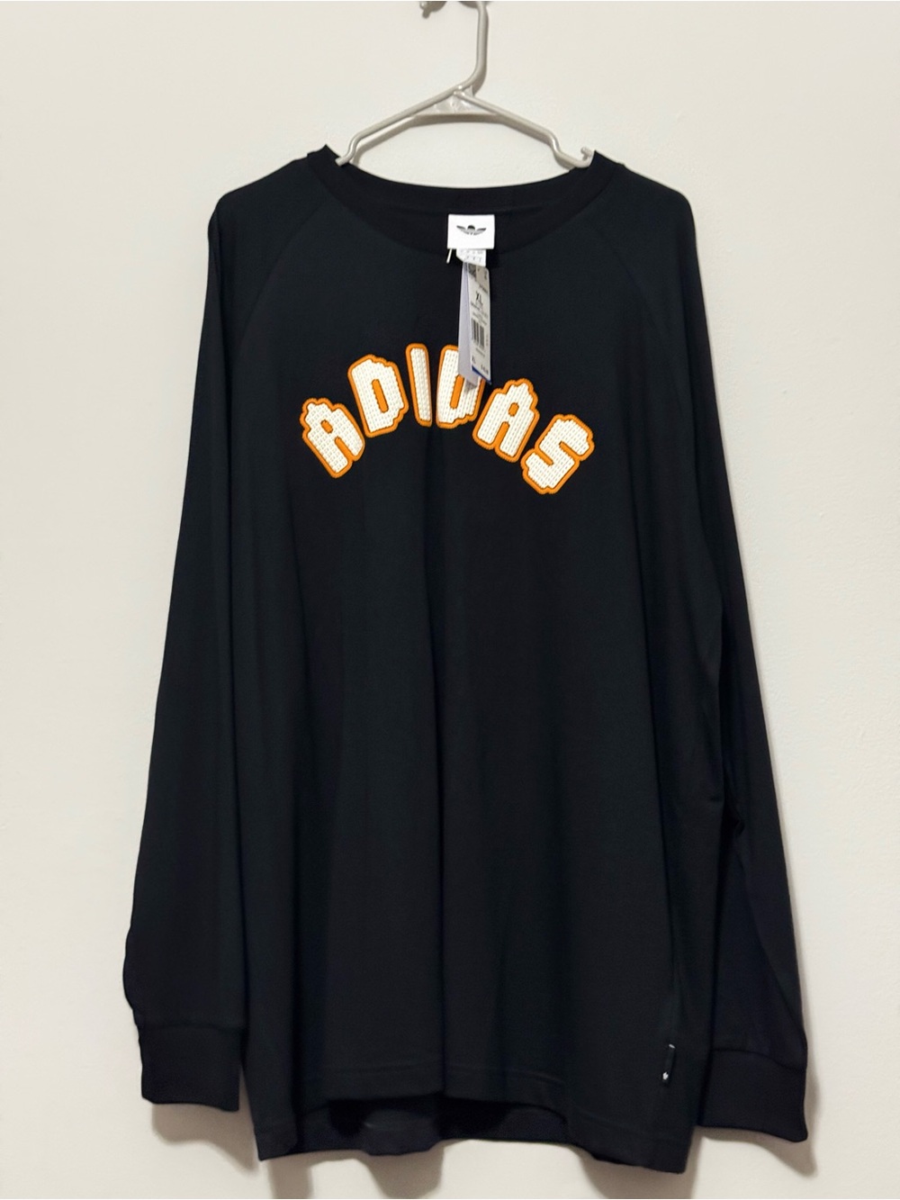 adidas Black Long Sleeve Tee with Orange Trimmed Logo XL